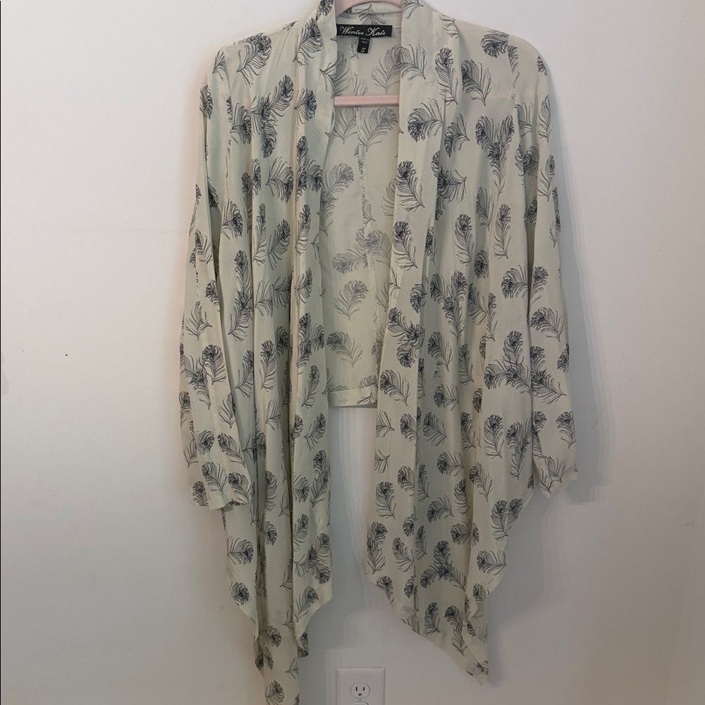 Winter Kate Cream Feather-Print Drape Cardigan size s EUC - Picture 3 of 5